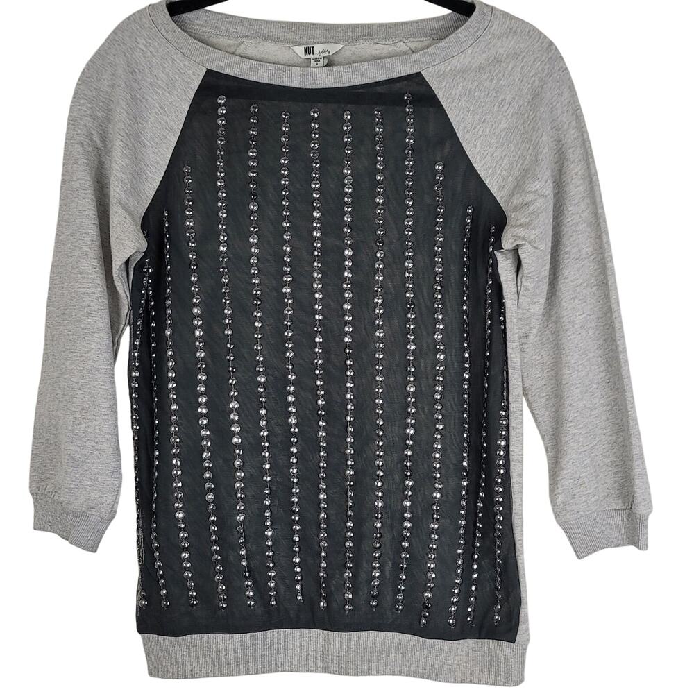 KUT from the Kloth 100% Cotton Mixed Media Sheer Front Studded Sweater, Small